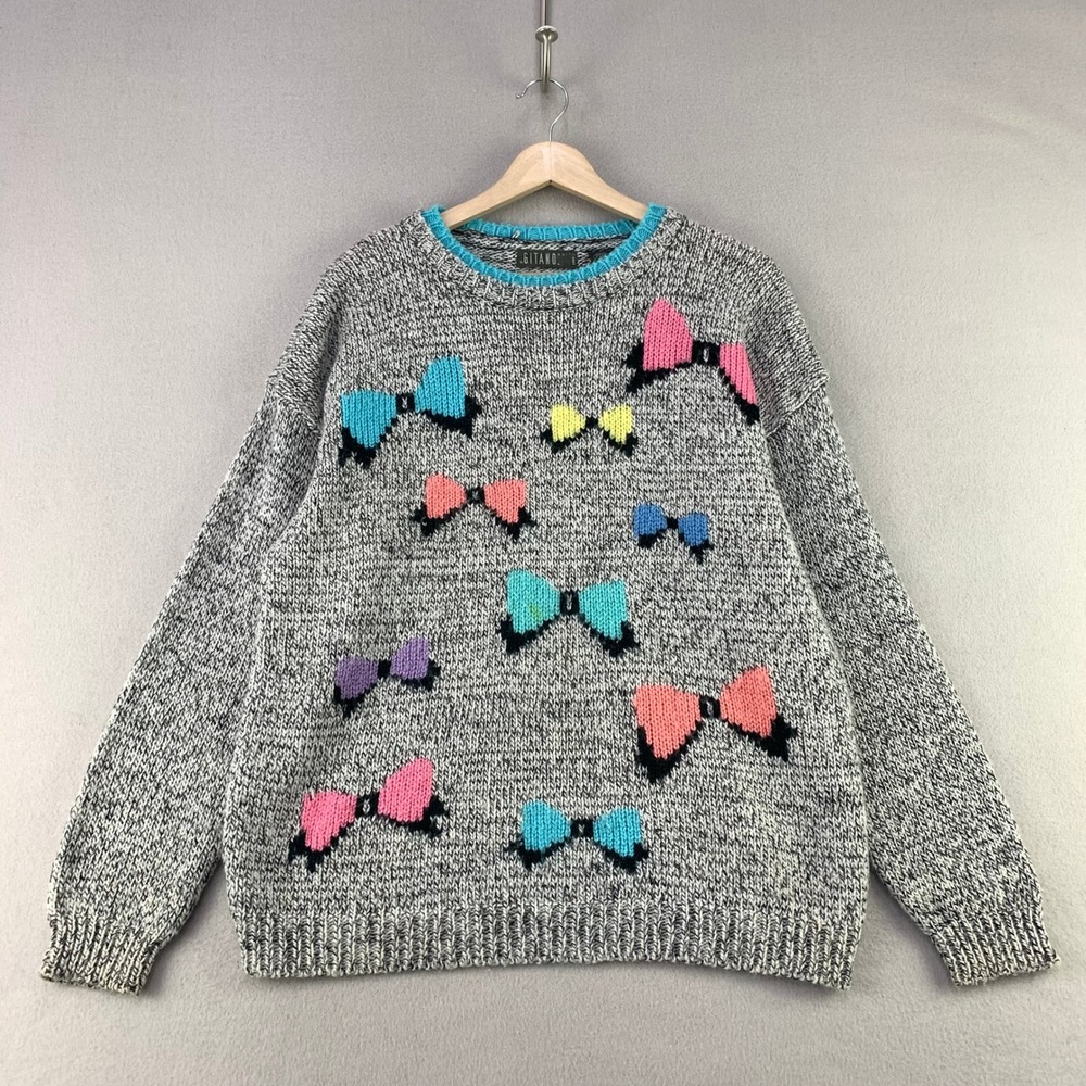 VTG Gitano Bow Sweater Womens M Gray 90s Knit Pullover Colorful Crewneck